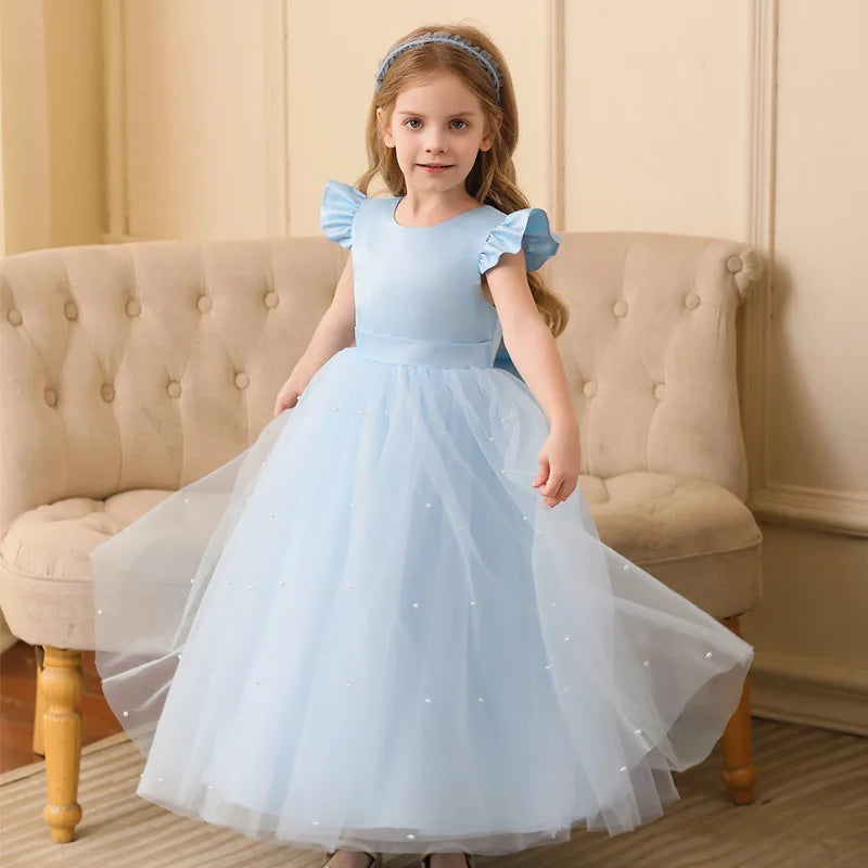 Robe de princesse d'été en tulle à fleurs pour fille, dos nu, avec nœud, pour anniversaire, mariage, piano, fête, ou tenue de cérémonie pour bébé fille