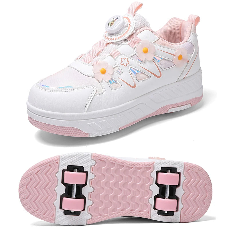HeelysChildren petite fleur décorée quatre roues patins chaussures de sport respirant patins à roulettes filles chaussures cadeaux de vacances