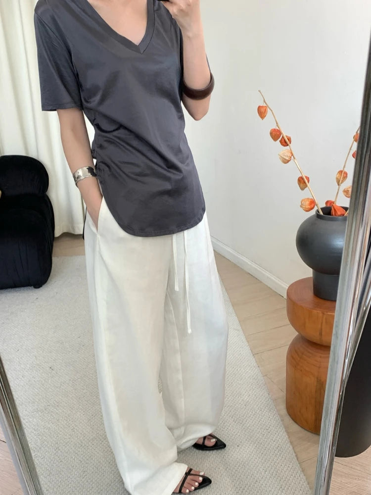 Pantalon large en lin décontracté, coupe droite, blanc, avec cordon de serrage, style coréen, été 2026
