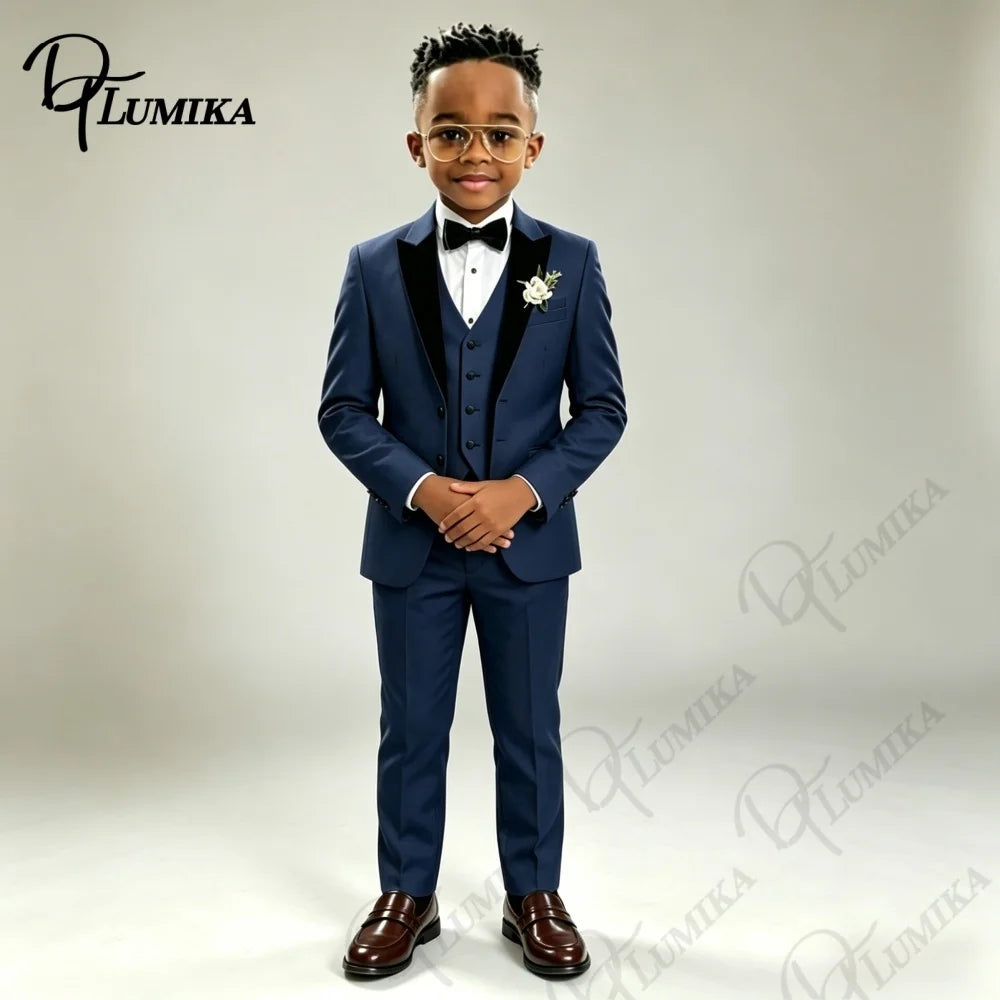 Ensemble de costume formel bleu marine pour garçons avec cravate florale, blazer à revers pointus, gilet et pantalon pour mariage, porteur d'alliances, fête ou tenue de scène