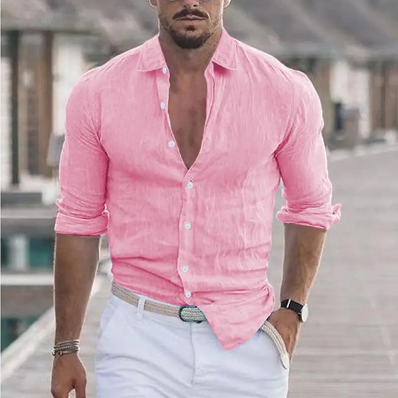 Chemisier hommes nouvel été coton lin revers plage chemise col rabattu à manches longues couleur unie vacances blusas camisas YRW5899