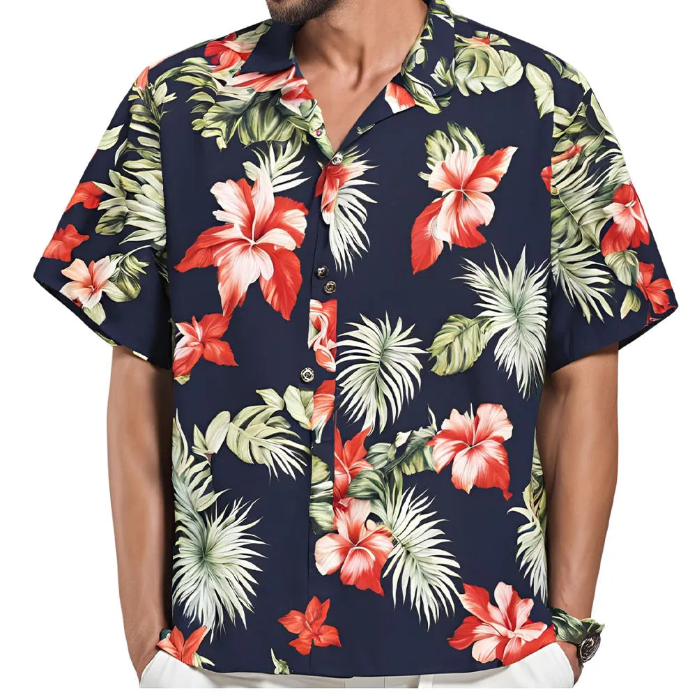 Men's Short Sleeve Shirt Hawaiian Botanical Flower Print Lapel Seaside Button-Down Shirt Top Casual Fashionable Shirts