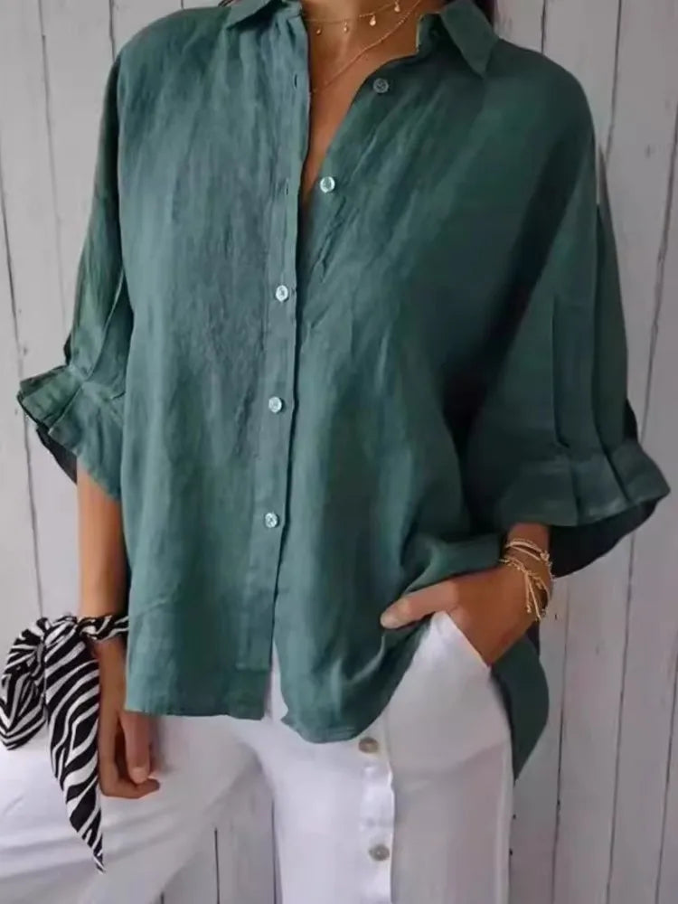 Chemise en lin de coton pour femmes, chemisier à lacets, nœud au dos élégant, monochromatique, décontracté, demi-manche à revers, printemps, été, nouveau