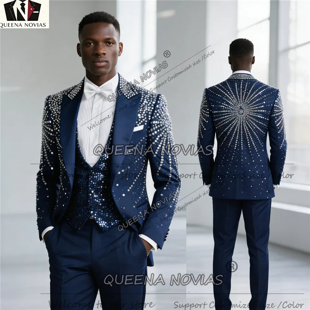 Costume de Mariage Homme Slim Fit Bleu Marine avec Paillettes Brillantes et Strass, Sur Mesure pour Cérémonie et Banquet
