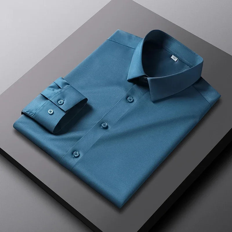 Chemise à manches longues pour hommes, couleur unie, décontractée et à la mode, haut d'affaires sans repassage et résistant aux rides
