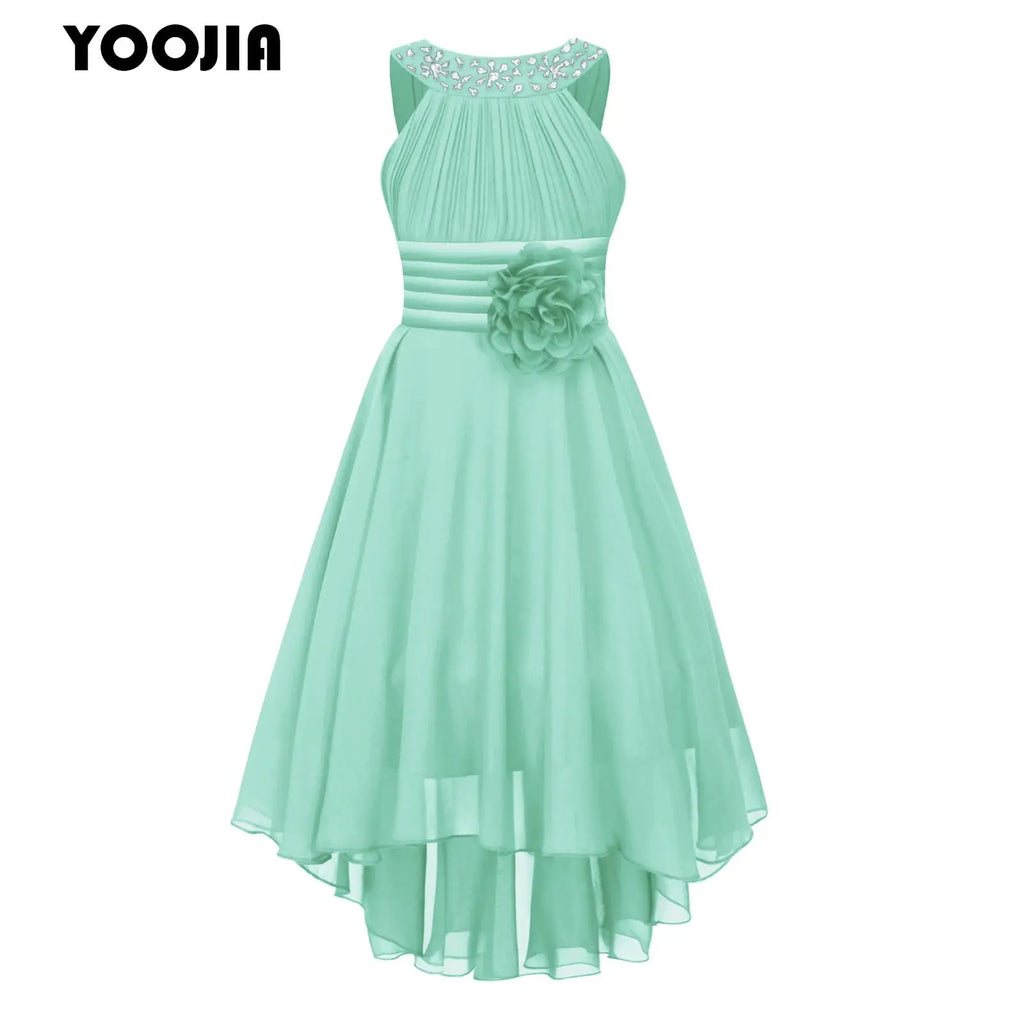Robe de princesse à fleurs pour filles, robe formelle de demoiselle d'honneur junior, de fête de mariage, sans manches, froncée, jupe haute et basse en mousseline de soie, robes de bal