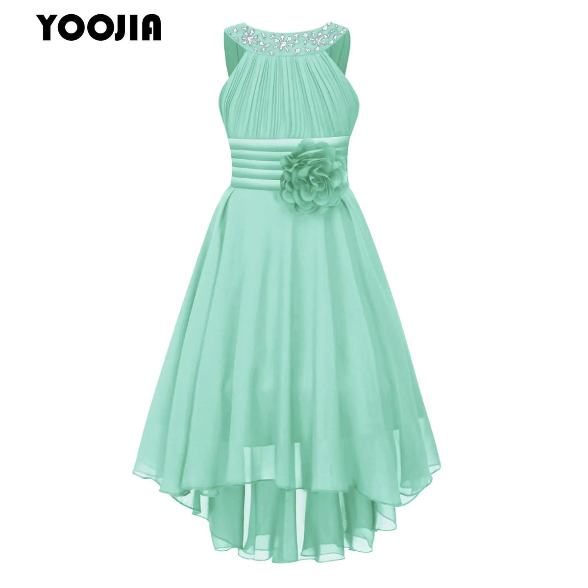 Robe de princesse à fleurs pour filles, robe formelle de demoiselle d'honneur junior, de fête de mariage, sans manches, froncée, jupe haute et basse en mousseline de soie, robes de bal