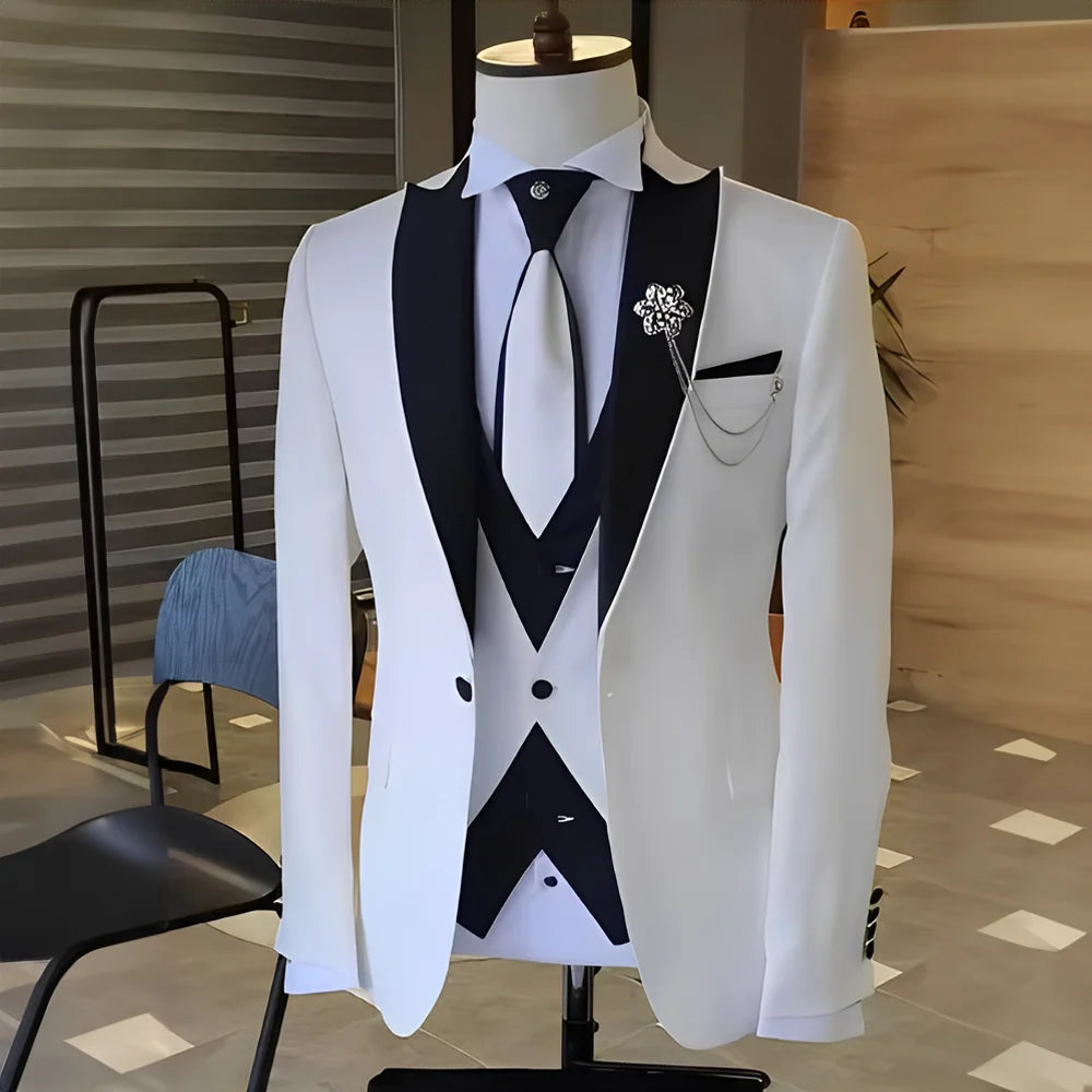 Costume Blanc et Noir pour Homme, Smoking de Mariage, Revers Patricia, Terno Mascul37, de Bal, Marié, Ensembles Blazer Slim Fit, 3 Pièces