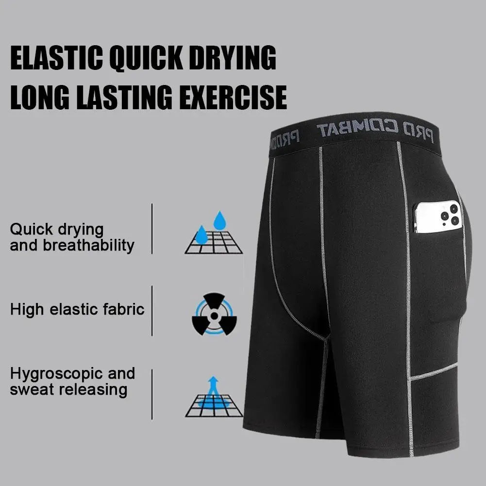 Pantalon court de compression pour hommes, élastique, à séchage rapide, pour la course à pied, la remise en forme, avec poche, grande taille, noir, pantalon d'entraînement serré pour la salle de sport