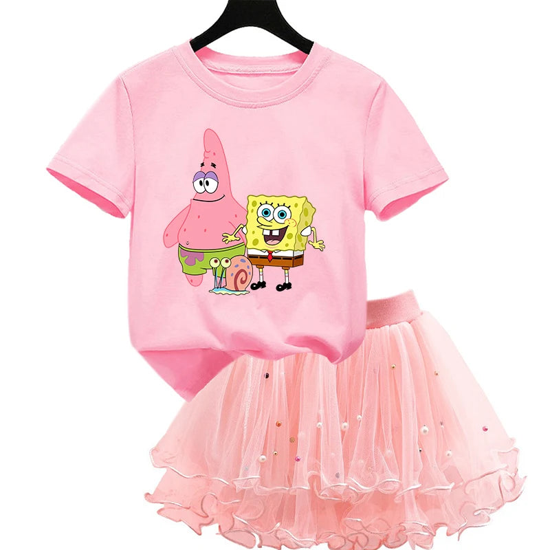 Robe Bob l'éponge pour filles, vêtements d'anniversaire pour enfants, robe de princesse de fête, T-shirt + jupe Tutu, cadeau de soirée d'été, 2 pièces/ensemble