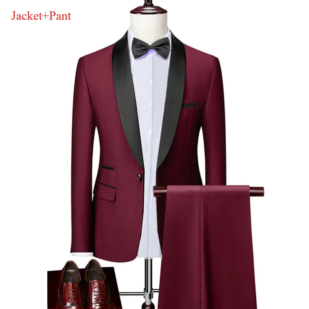 Ensemble de costume noir à revers pour hommes, manteau, gilet, pantalon/affaires pour garçons d'honneur, robe de mariée, pantalon Blazer Fprmal