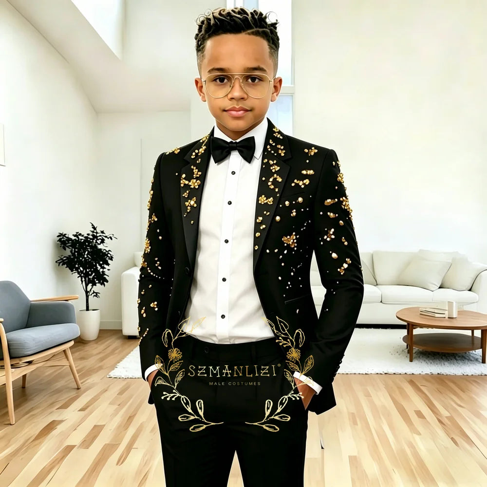 Costume Royal Bleu pour Garçons – Smoking de Soirée, Mariage, Cérémonie – Crystals, Revers Cranté – Ensemble 2 Pièces (Veste et Pantalon) – Tenue Formelle pour Bal de Promo