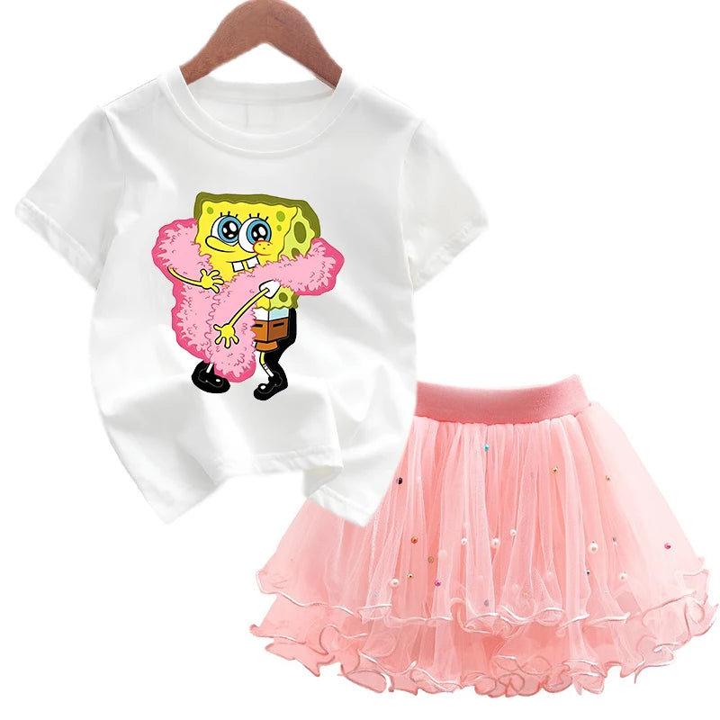 Robe Bob l'éponge pour filles, vêtements d'anniversaire pour enfants, robe de princesse de fête, T-shirt + jupe Tutu, cadeau de soirée d'été, 2 pièces/ensemble