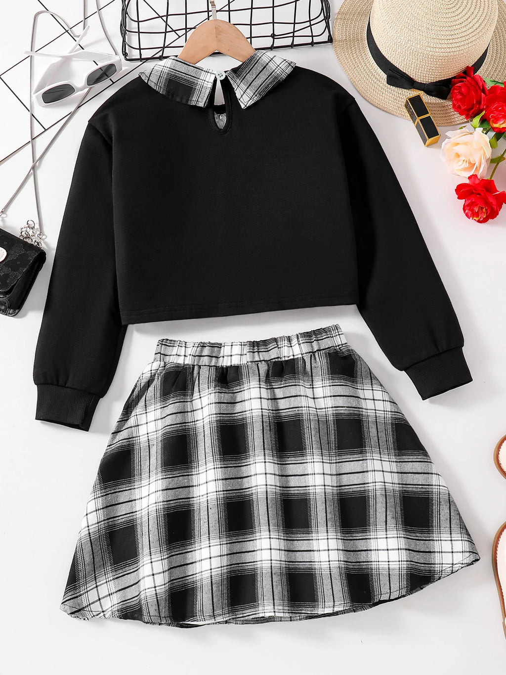 Ensemble 2 pièces décontracté pour filles, chemise à revers noir, manches longues, lettres imprimées, jupe à carreaux, nouvelle collection printemps automne