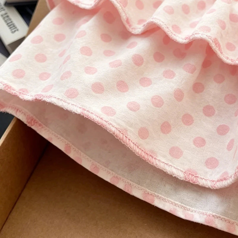 Jupe à pois rose style Harajuku douce et fraîche, double volant, coupe trapèze, polyvalente et basique pour jeune fille.