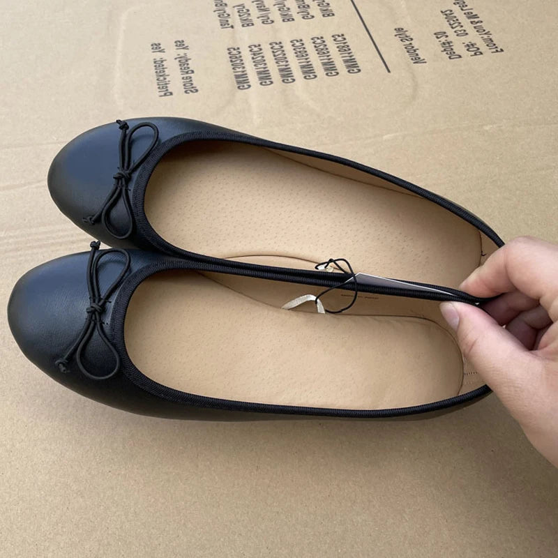Ballerines élégantes à nœud papillon, chaussures classiques à bout rond, mocassins confortables à enfiler pour dames, Mules en cuir, printemps 2026