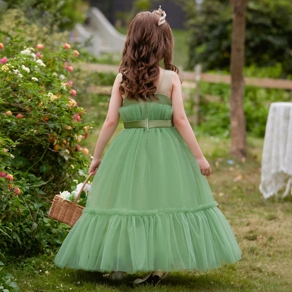 Robe d'été en Tulle pour filles, tenue de demoiselle d'honneur blanche, Costume élégant pour enfants, tenue de soirée de mariage, 2023