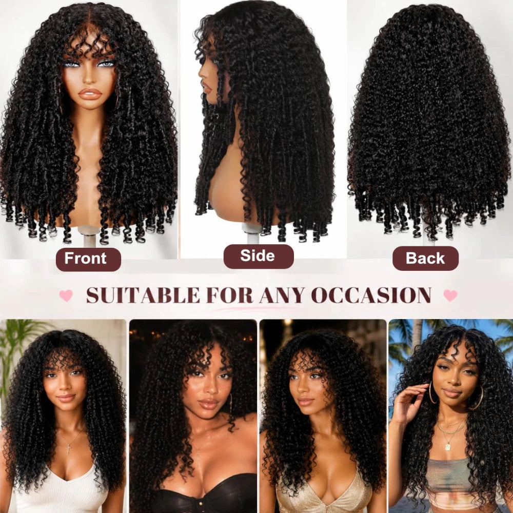 Perruque bouclée birmane UNice avec frange et pointes à boucles fines 7x5, perruque en cheveux humains sans colle Bye-Bye Slip Lace, prête à l'emploi, densité 150%