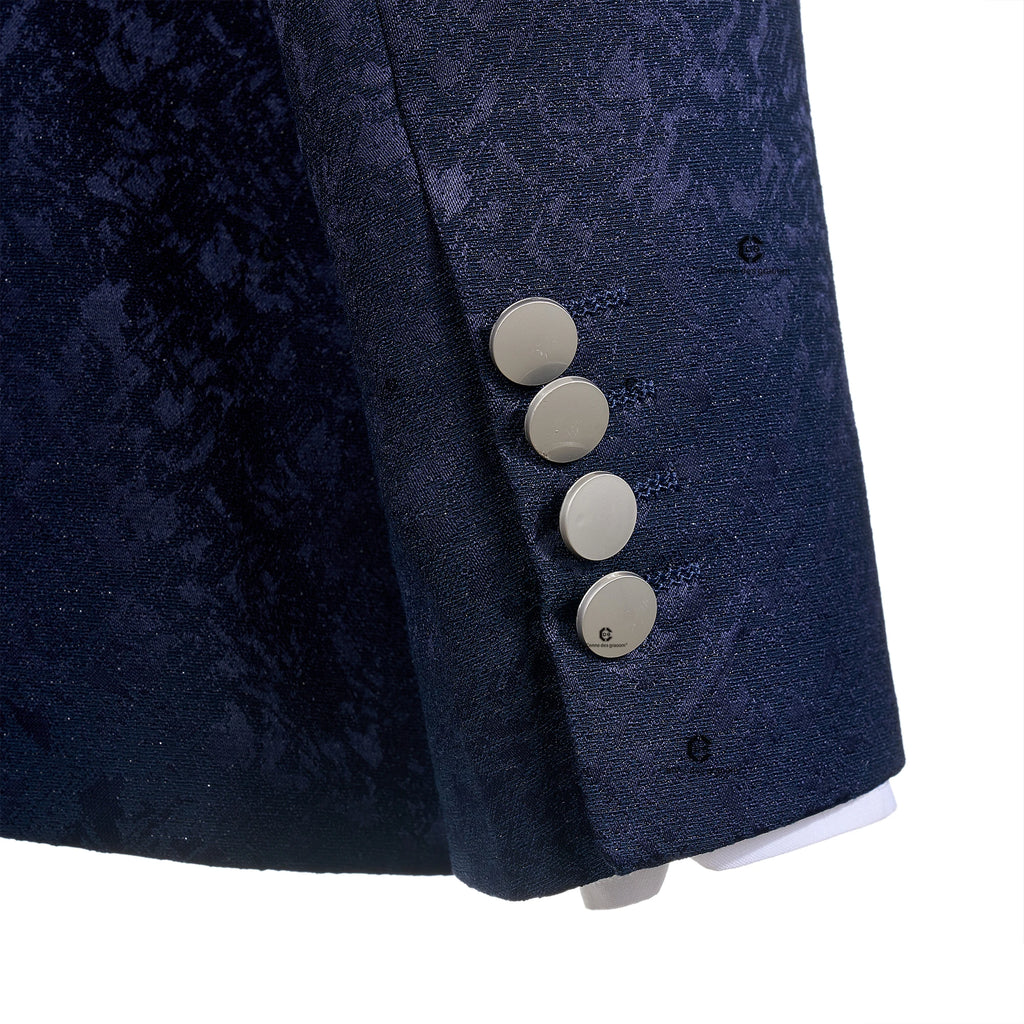 Cenne Des Graoom 2026 – Ensemble 2 pièces de smoking bleu élégant et luxueux en jacquard floral avec boucle latérale métallique pour mariage et cérémonie (garçons d'honneur)