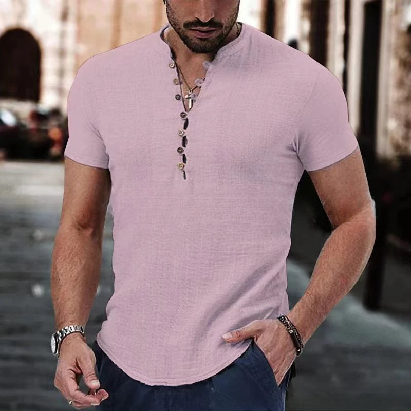Nouveau t-shirt à manches courtes pour hommes col en V bouton chemise en coton et lin vêtements décontractés pour hommes hauts populaires pour hommes