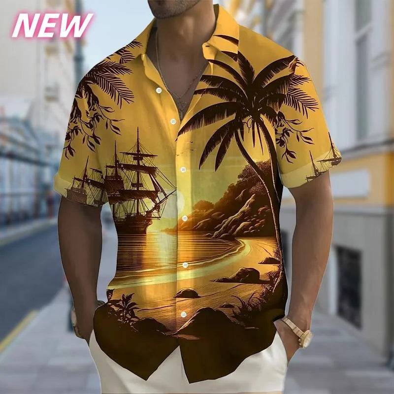 Chemise Aloha imprimée en 3D pour homme, motif coucher de soleil coloré, chemises hawaïennes décontractées à manches courtes, hauts amples style streetwear