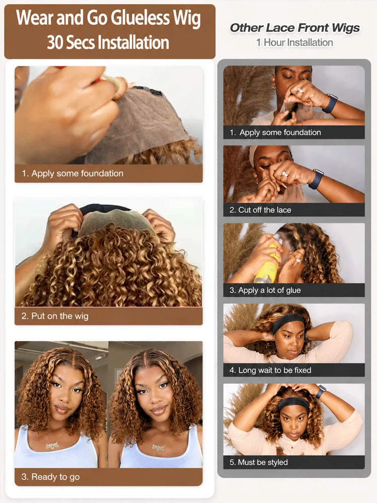 Perruque Courte Bouclée Bob 427 Cheveux Humains Ondulés Profonds Densité 260 avec Fermeture en Dentelle HD 5x5 pour Femmes Noires Prête à Porter Sans Colle