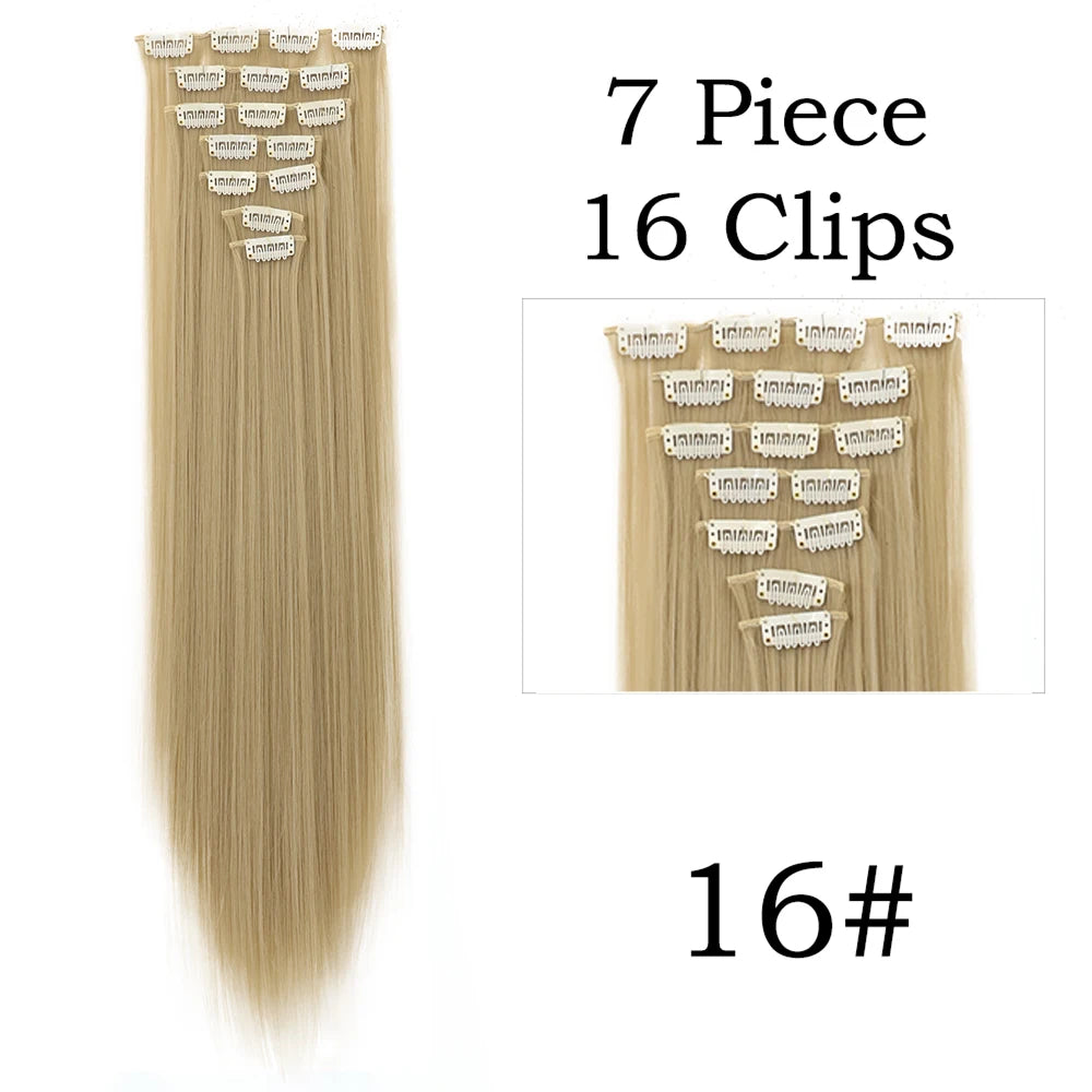 Extensions de Cheveux Synthétiques Longs et Lisses, Postiches Blondes Noires, Degré de Chaleur, Faux Cheveux, 24 Pouces, 16 Clips