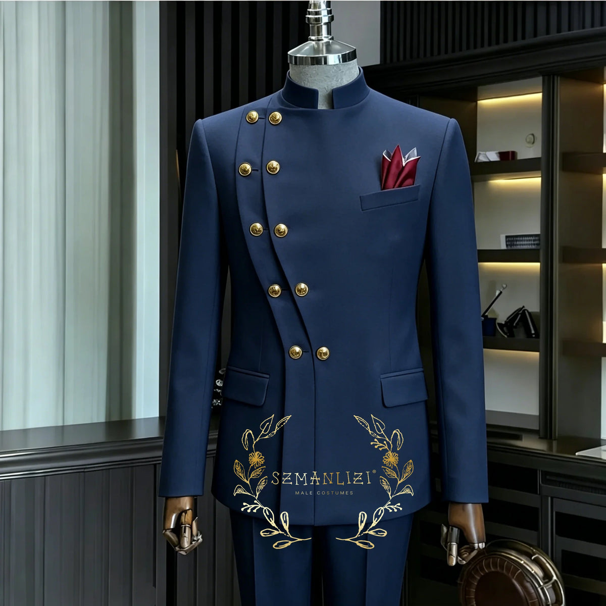 Costume de Mariage Homme Bleu Marine Croisé à Double Boutonnage Col Montant – 2 Pièces (Blazer + Pantalon) – Idéal pour le Marié ou le Garçon d'Honneur