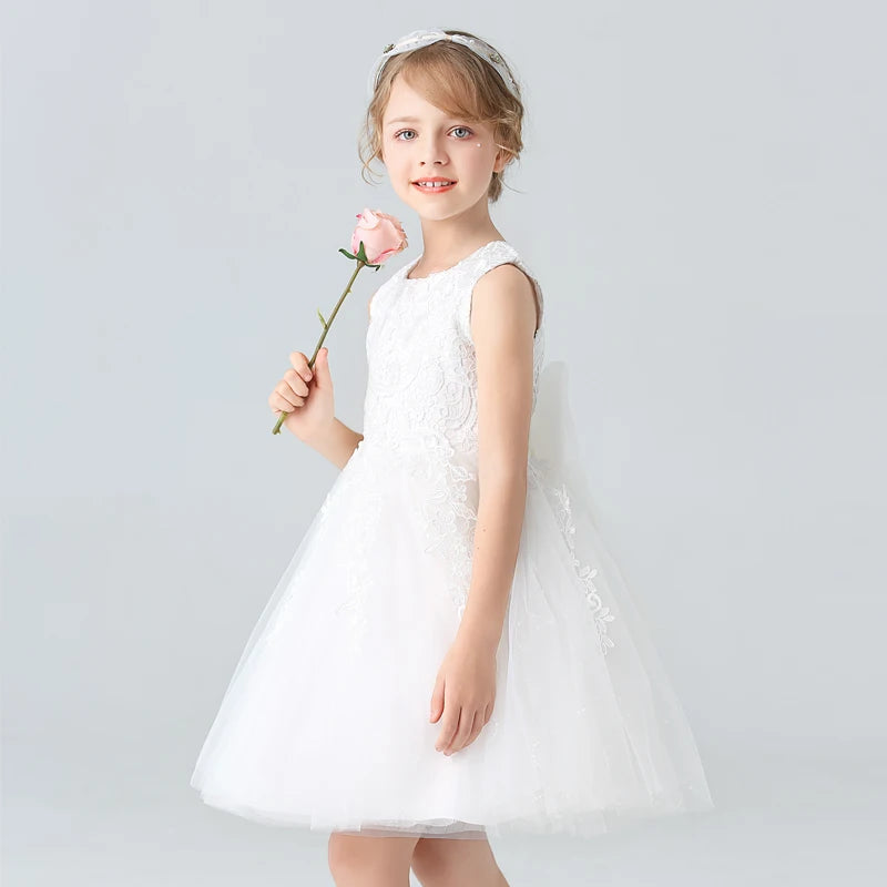 Robe à fleurs en dentelle blanche pour filles, avec nœuds, robe de première Communion pour enfants, robes de princesse sans manches, BX8991