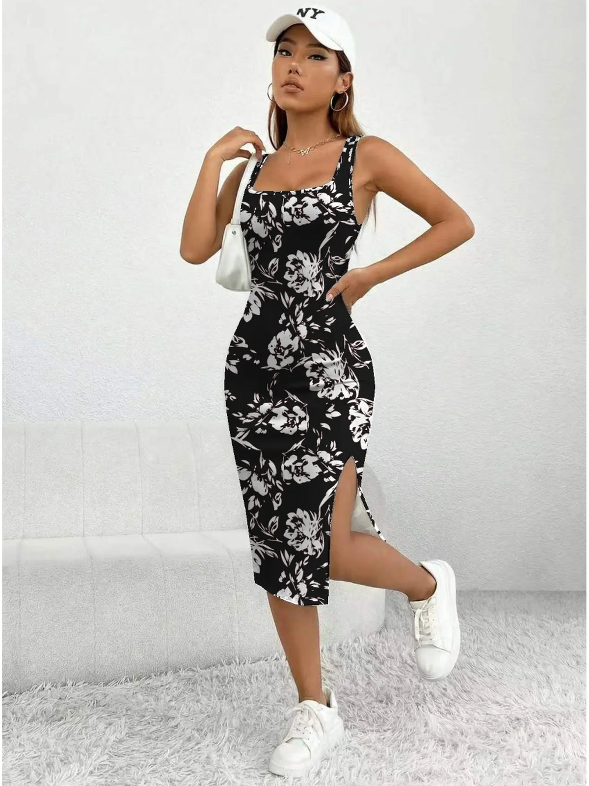 Robe mi-longue décontractée et élégante pour femme, col carré, motif géométrique, motif floral, fente latérale, idéale pour l'été