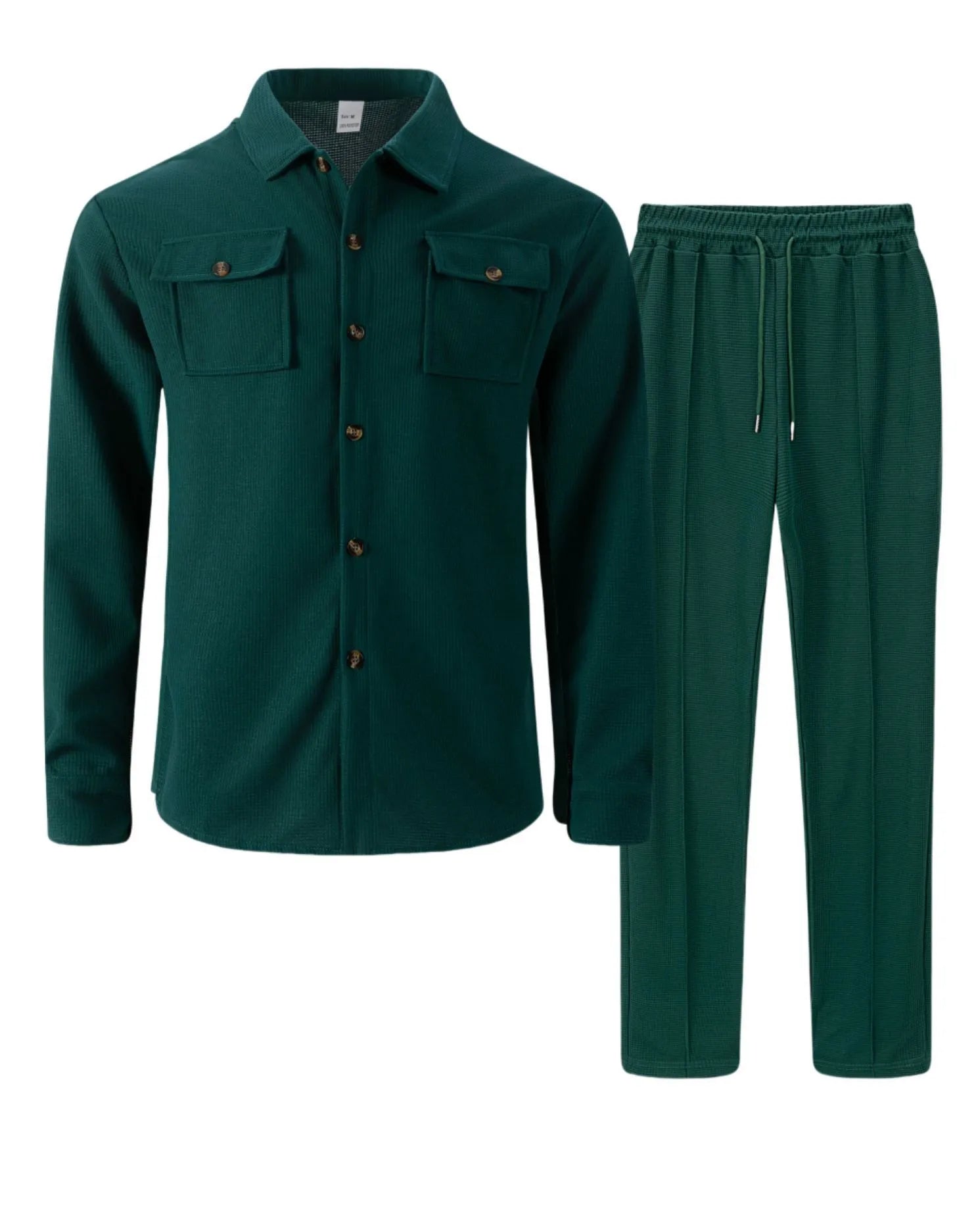Ensemble chemise et pantalon cardigan boutonné à double poche, gaufré, manches longues, couleur unie, nouveau style d'automne