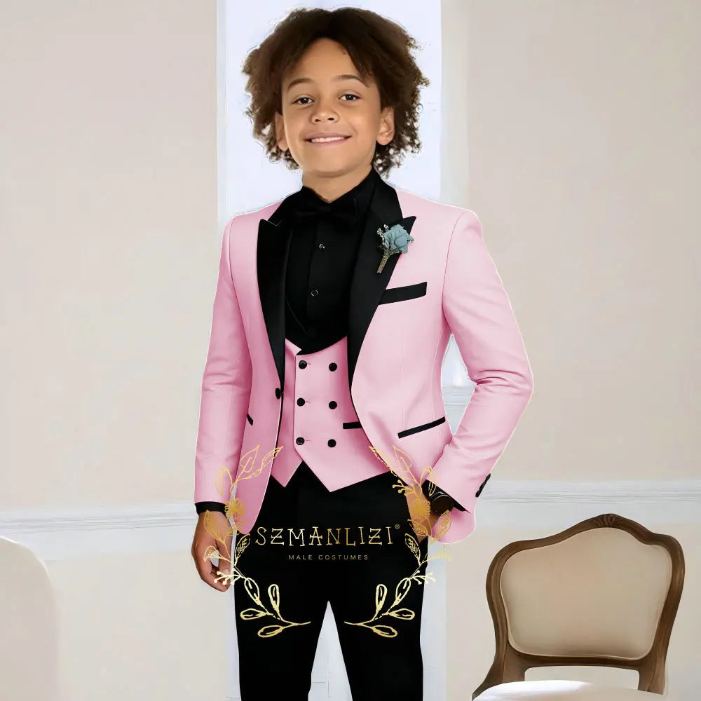 Costume de smoking de mariage pour garçons, 3 pièces, veste à col à visière, pantalon, gilet, ensemble Blazer formel pour enfant, tenue cintrée, costume garcon mariage
