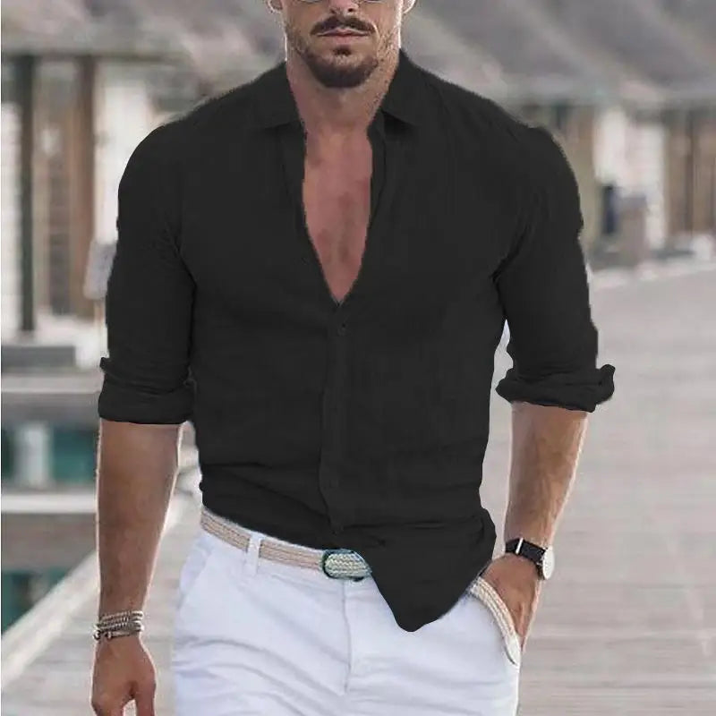 Chemisier hommes nouvel été coton lin revers plage chemise col rabattu à manches longues couleur unie vacances blusas camisas YRW5899