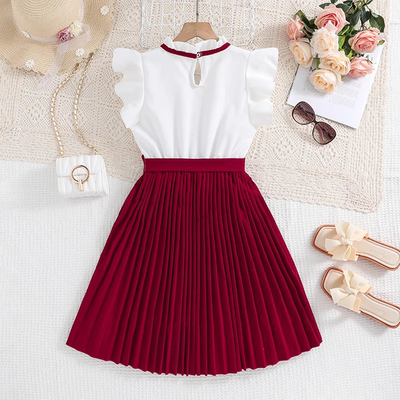 Robe pour filles, manches pétales blanches, jupe kaki plissée et nœud papillon, Style Preppy, vêtements de fête d'anniversaire élégants pour 8 à 12 ans