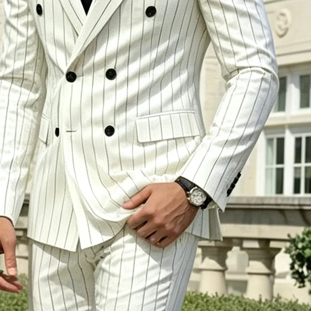 Costume de luxe pour homme, double boutonnage, à fines rayures blanches, 2 pièces (veste et pantalon), pour mariage, marié, affaires, bal de promo, costume sur mesure