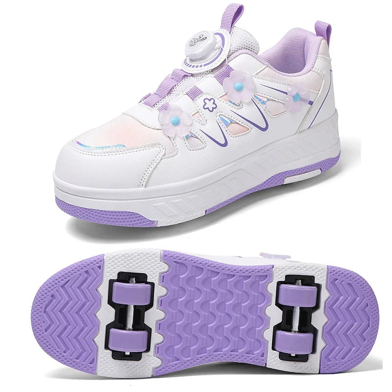 HeelysChildren petite fleur décorée quatre roues patins chaussures de sport respirant patins à roulettes filles chaussures cadeaux de vacances