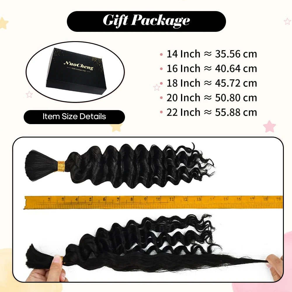 2 lots de cheveux humains à tresser pour tresses bohèmes, 14 pouces 100g 10A Cheveux humains brésiliens vierges en vrac à ondulations profondes pour tressage