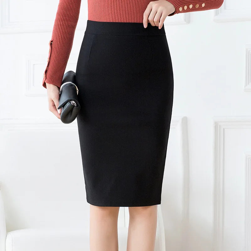 Jupe crayon noire légère et extensible pour femme ; Jupes adaptées au bureau ; Tailles asiatiques S–3XL.
