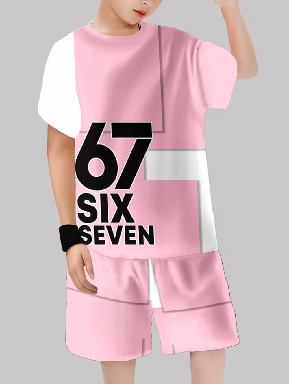 Ensemble 2 pièces pour enfants : T-shirt à manches courtes et short imprimé chiffres 6 et 7, style 'Brainrot' italien amusant, pour garçons