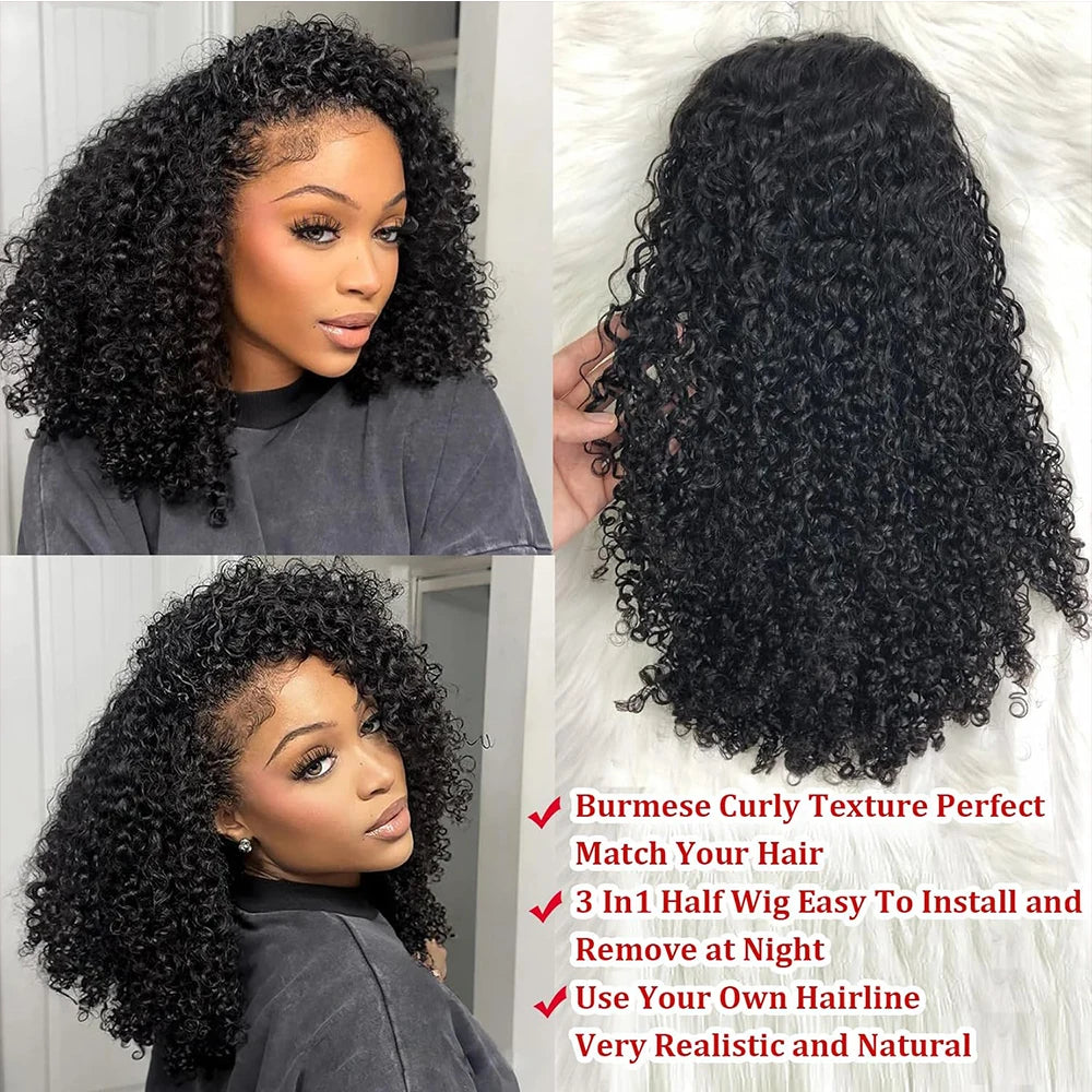 Demi-perruque bouclée profonde cheveux humains sans colle perruque cheveux humains prêt à porter 3 en 1 demi-perruque cordon Jerry bouclés demi-perruque sans colle