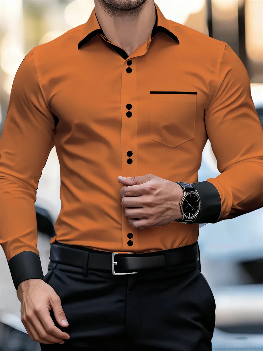 Chemise à manches longues à col bloc de couleur pour hommes d'affaires, coupe ajustée, sans plis, chemise Patchwork noir et blanc, haut tendance pour hommes
