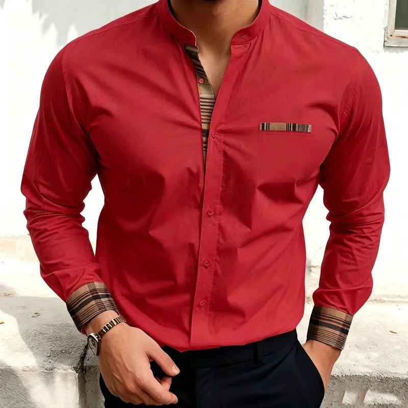 Chemise blanche à col montant pour homme, nouvelle collection, avec coutures à carreaux rétro, texture légère et luxueuse, haut à manches longues style business casual, tailles XS-6XL