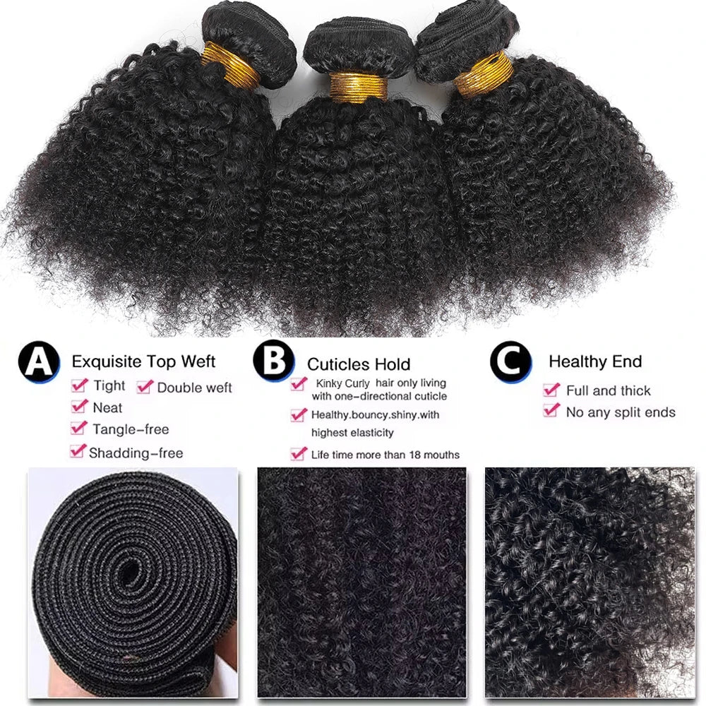 Extensions de cheveux humains naturels vierges indiens bruts, bouclés afro crépus 4B 4C, doux, en trame