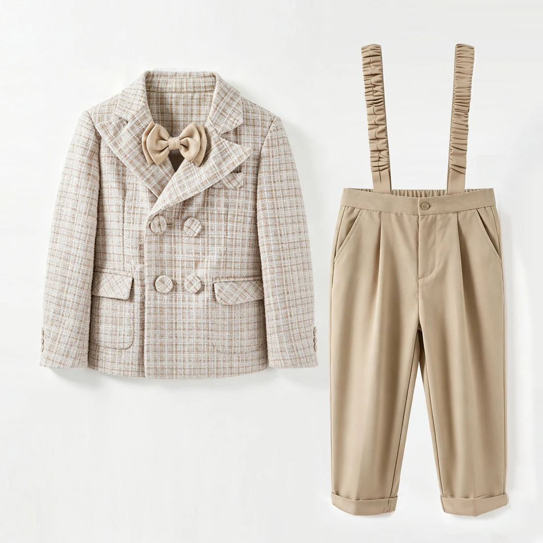 Ensemble de costume en tweed pour bébés garçons, style gentleman, pour mariage, cérémonie ou fête d'anniversaire, avec blazer croisé, pantalon kaki et nœud papillon