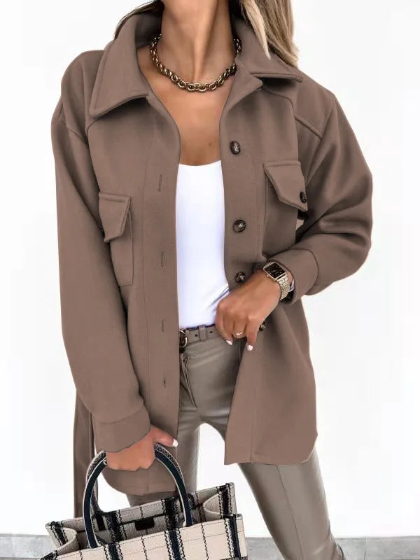 Manteau en laine mélangée pour femme, automne-hiver, col à revers, veste trench à simple boutonnage avec ceinture, coupe ample et chaude.