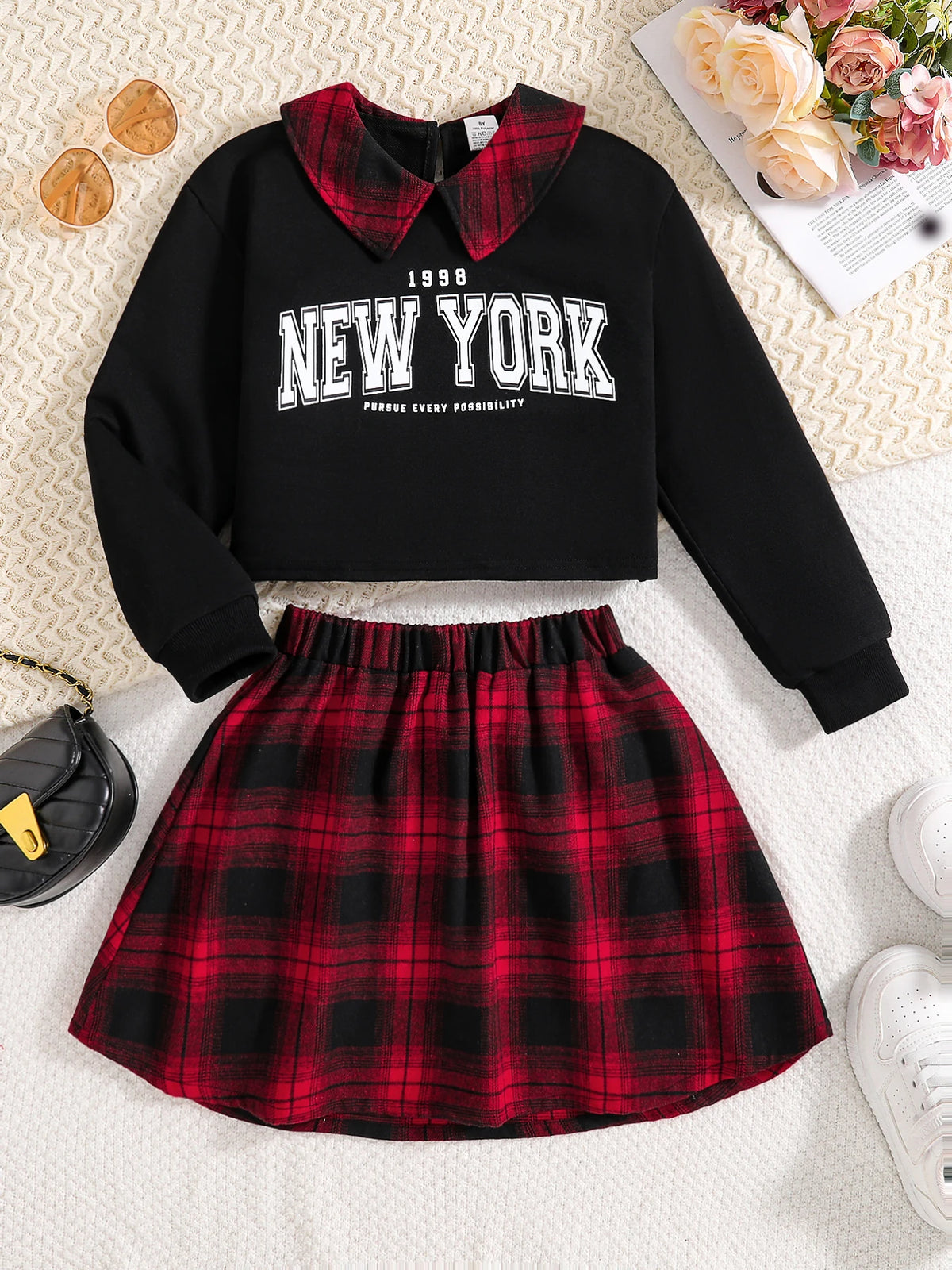 Ensemble 2 pièces décontracté pour filles, chemise à revers noir, manches longues, lettres imprimées, jupe à carreaux, nouvelle collection printemps automne