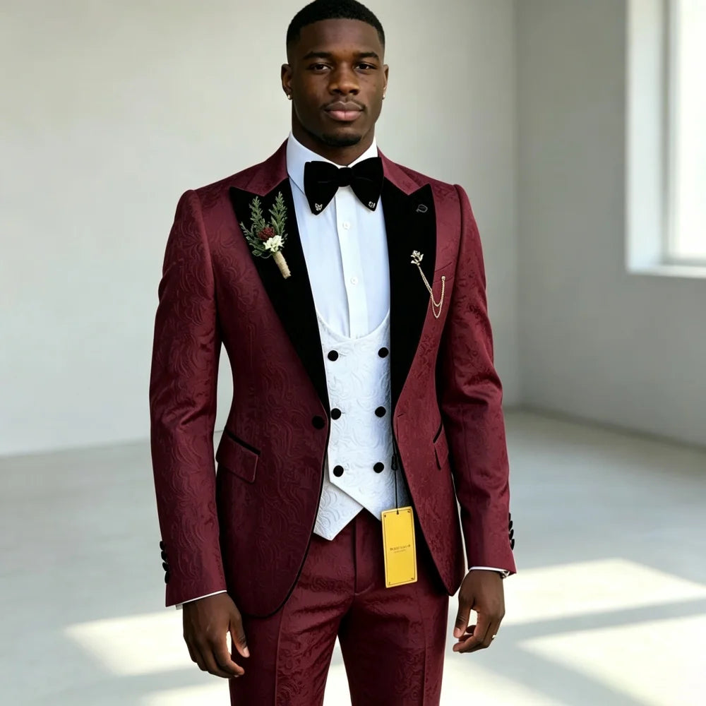 Costume de luxe ajusté à motifs floraux pour homme, ensemble trois pièces (veste + pantalon + gilet) – Idéal pour le marié ou les invités de mariage