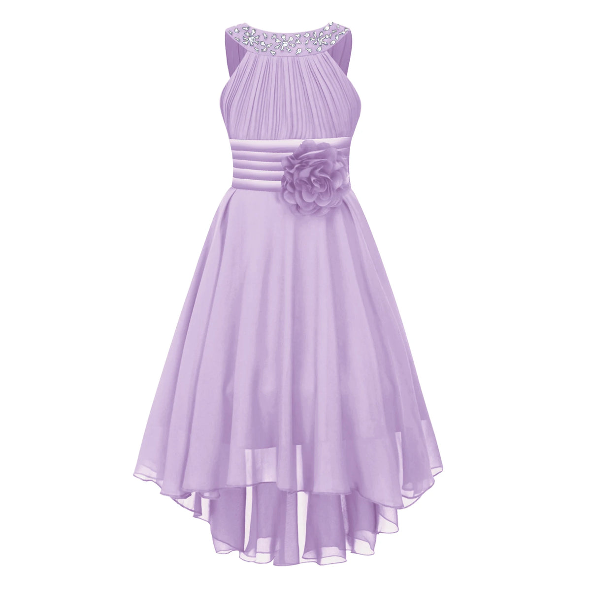 Robe de princesse à fleurs pour filles, robe formelle de demoiselle d'honneur junior, de fête de mariage, sans manches, froncée, jupe haute et basse en mousseline de soie, robes de bal