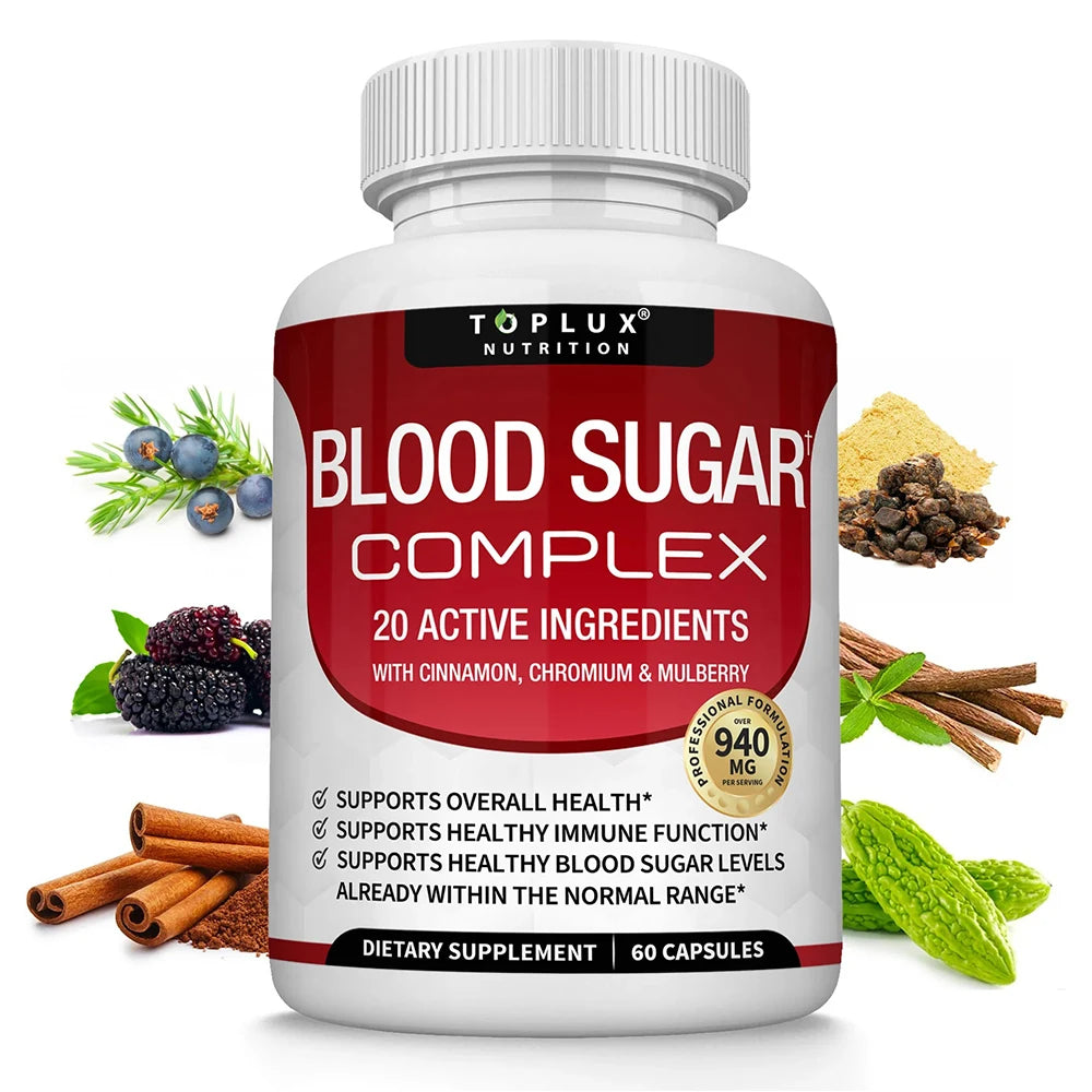 Complément complexe naturel de sucre dans le sang de qualité supérieure pour hommes et femmes – Naturall 20 herbes et vitamines avec cannelle non OGM, végétalien
