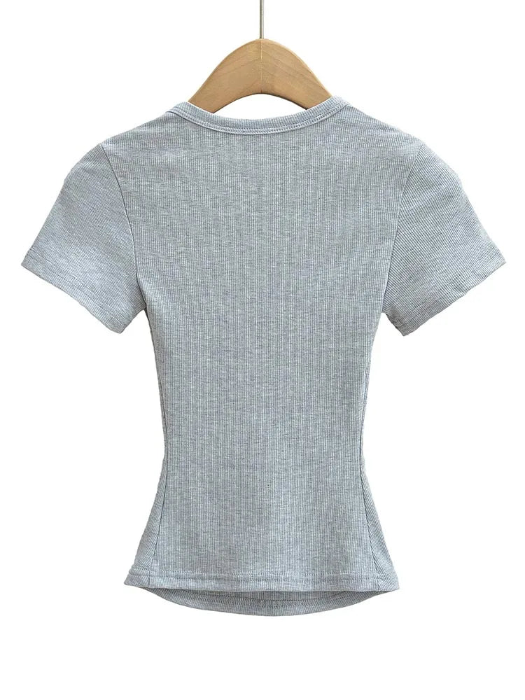 Col carré haute Stretch été culture hauts femmes à manches courtes hauts Sexy pull sommets Blouses mince T-shirt
